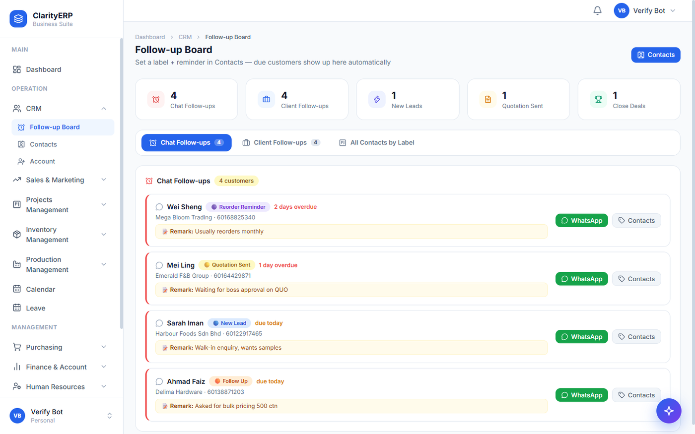 CRM follow-up board with due customers and WhatsApp shortcuts