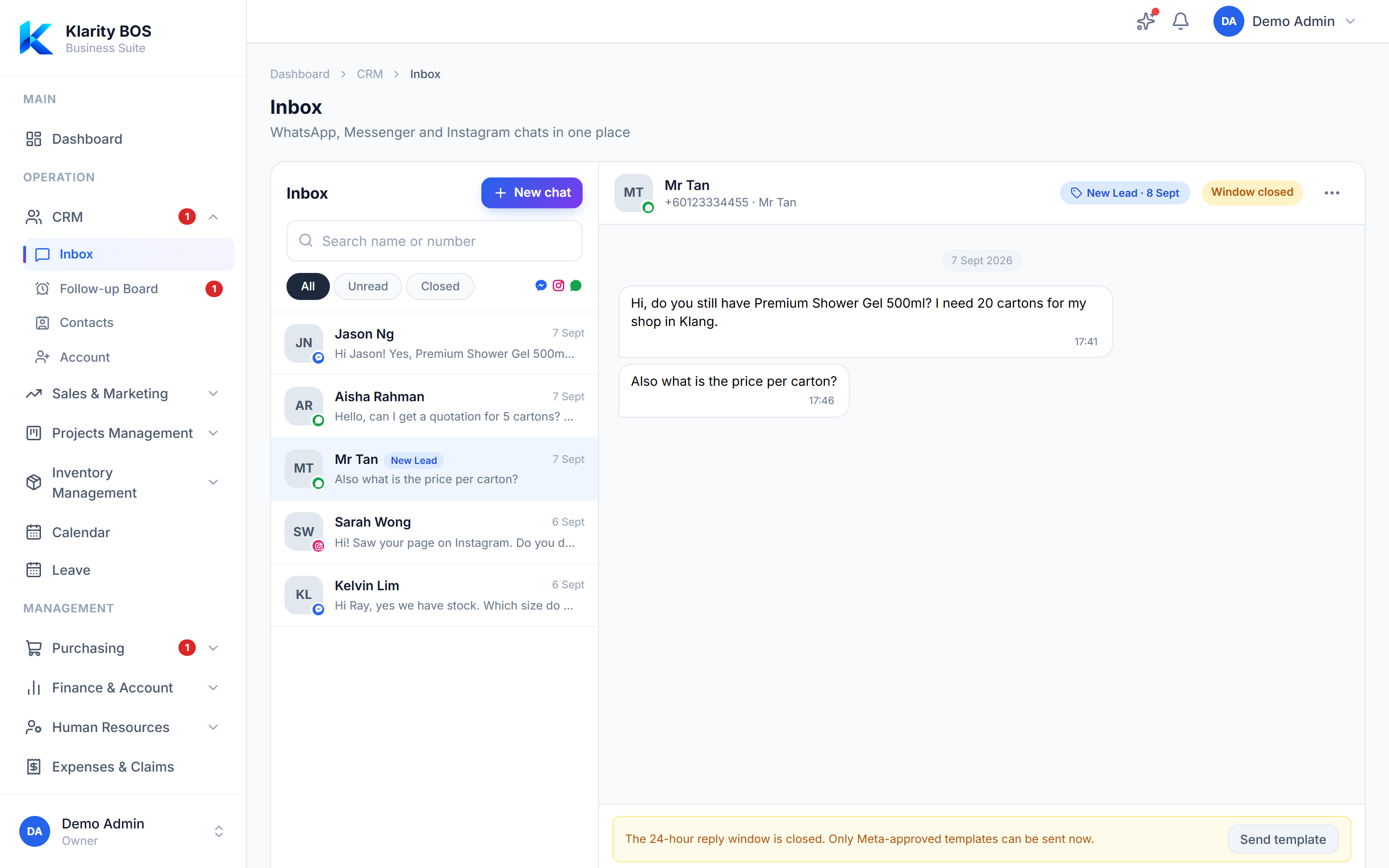Klarity BOS Inbox: a WhatsApp conversation open with the customer labelled New Lead, alongside Messenger and Instagram chats